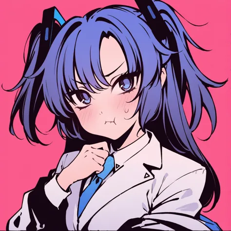 anime girl with blue hair and a white jacket and tie