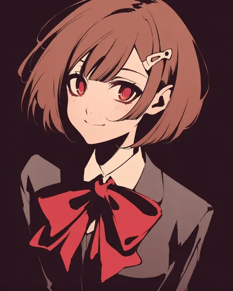 high contrast,  two-tone background, 1girl, solo, hair ornament, school uniform, shiomi kotone, gekkoukan high school uniform, hairclip, brown hair, bow, short hair, red eyes, red bow, upper body, simple background, ribbon, closed mouth, smile, bowtie, red bowtie,<lora:Hcontrast-000014:0.9>