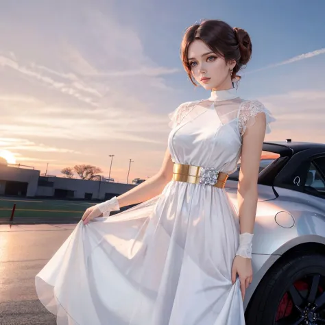 best quality, masterpiece, highly detailed, princess_leia_organa_solo, short hair, hair bun, white dress, white clothing, sports car, purple sunset, 