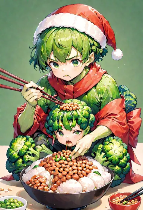 anime girl with green hair eating broccoli and wearing a santa hat