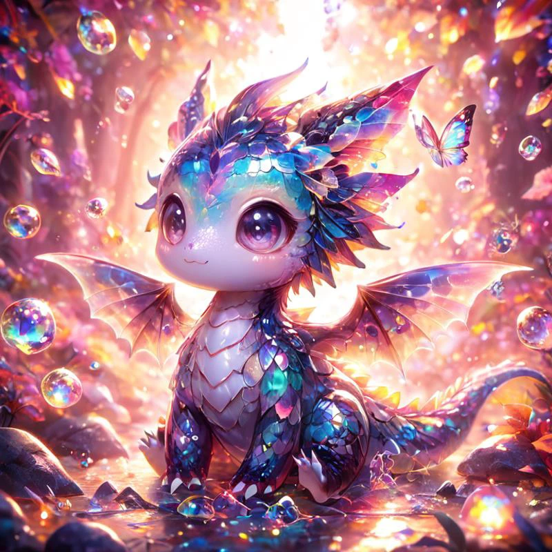 ral-smoldragons, cute, small dragon, wings, nature in background, intricate details, butterflies, whimsical, fantasy, mysterious, colorful, glowing shards, glass, brocken glass, transparent glass, pieces of glass, Made_of_pieces_broken_glass  
