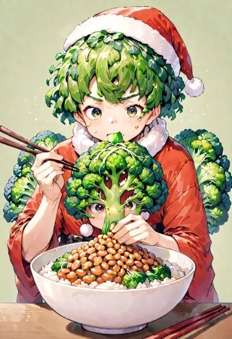 anime girl eating broccoli with chopsticks and wearing a santa hat