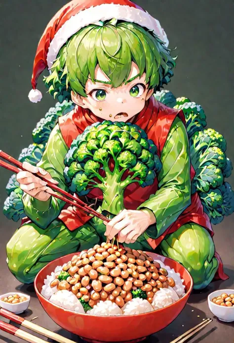 anime girl eating broccoli and chickpeas with chopsticks