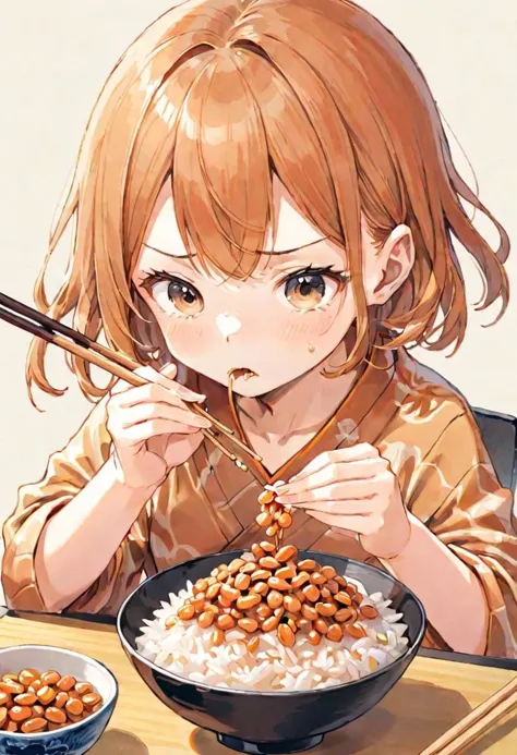 Illustration of a girl intently eating natto rice using chopsticks