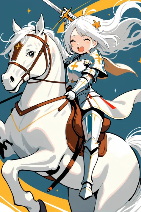 Illustration of a female knight riding a white horse with a joyful expression, holding a shining sword high in the air as the wi...