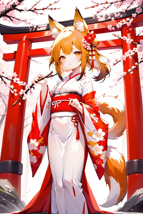 Ilustração de uma jovem donzela do santuário raposa em frente a um tradicional portão torii japonês, vestindo um quimono branco e vermelho esvoaçante com orelhas de raposa e cauda, segurando um galho de sakura com flores. Ela olha para o espectador com hipnotizantes olhos dourados, carregando uma aura de misticismo e graça.0