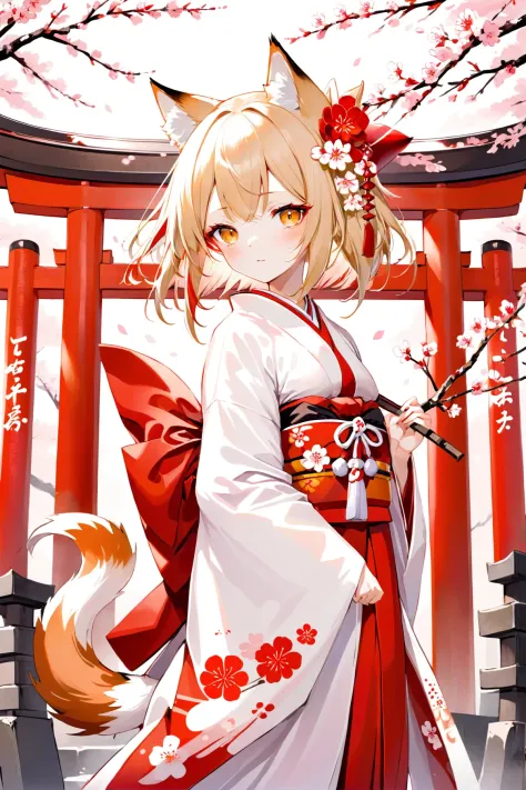 Illustration d&#39;une jeune fille de sanctuaire de renard debout devant une porte torii japonaise traditionnelle, portant un kimono fluide blanc et rouge avec des oreilles et une queue de renard, tenant une branche de sakura avec des fleurs. Elle regarde le spectateur avec des yeux dorés fascinants, porteur d&#39;une aura de mysticisme et de grâce.,Haut du corps,