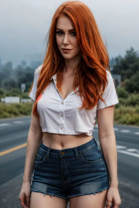 a photo of redhead elcnsngu,dynamic pose on a desert empty highway with (thick foggy weather),wearing a full shirt and short pan...