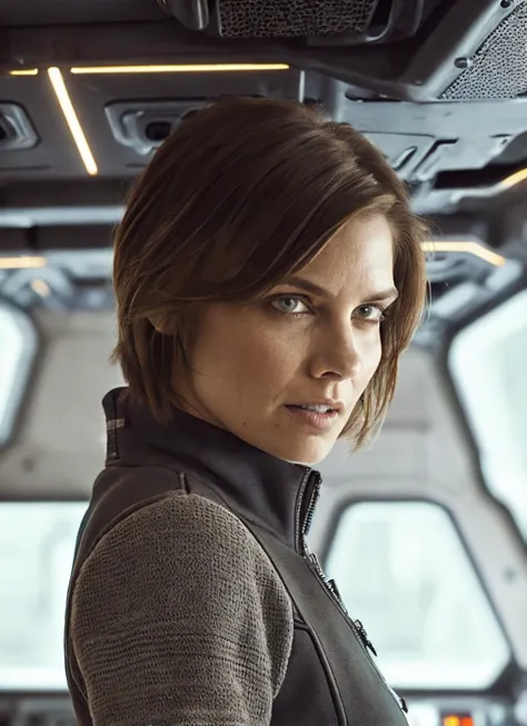 close up photo of sks woman, rugged space trucker, inside industrial spaceship, futuristic science fiction, action scene, digital concept art, realistic, intricate detailed textures, filmic, cinematic, environmental character portrait, <lora:locon_laurencohan_v1_from_v1_64_32:1.25>