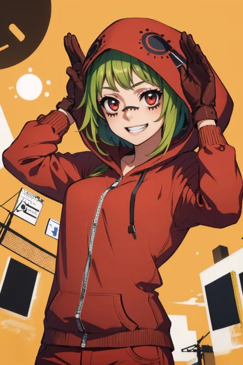 (masterpiece, best quality:1.2), solo, 1girl, matrygumi, grin, looking at viewer, bunny pose, arms up, red hoodie, hood, gloves,...