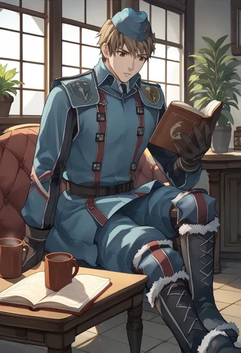 a man in uniform sitting on a chair reading a book