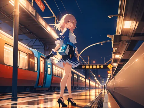 ((masterpiece,best quality)), 1girl, march7th, single glove, black heels, holding camera, train station, train, depth of field, ...