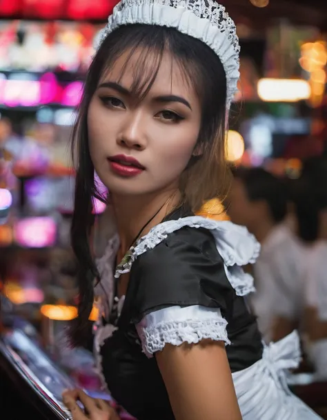 Bangkok, foto da bargirl, vestida de empregada,  bargirllocation olhando para o espectador,  obrigado afiado, dslr profissionalmente graduado em cores