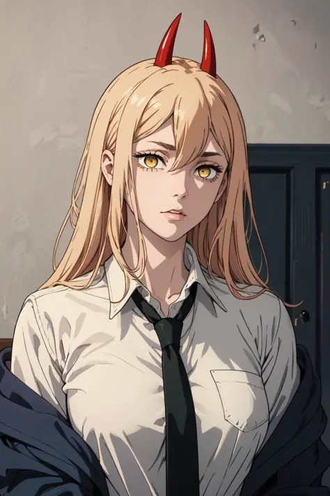 (best quality), (masterpiece), (solo), 1girl, power_csm, blonde hair, yellow eyes, cross-shaped pupils, symbol-shaped pupils, red horns, white buttoned shirt, blue jacket, black necktie, 