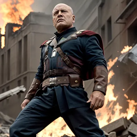 a man in a blue uniform standing in front of a fire