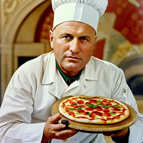 chef holding a pizza on a wooden board in front of a fireplace