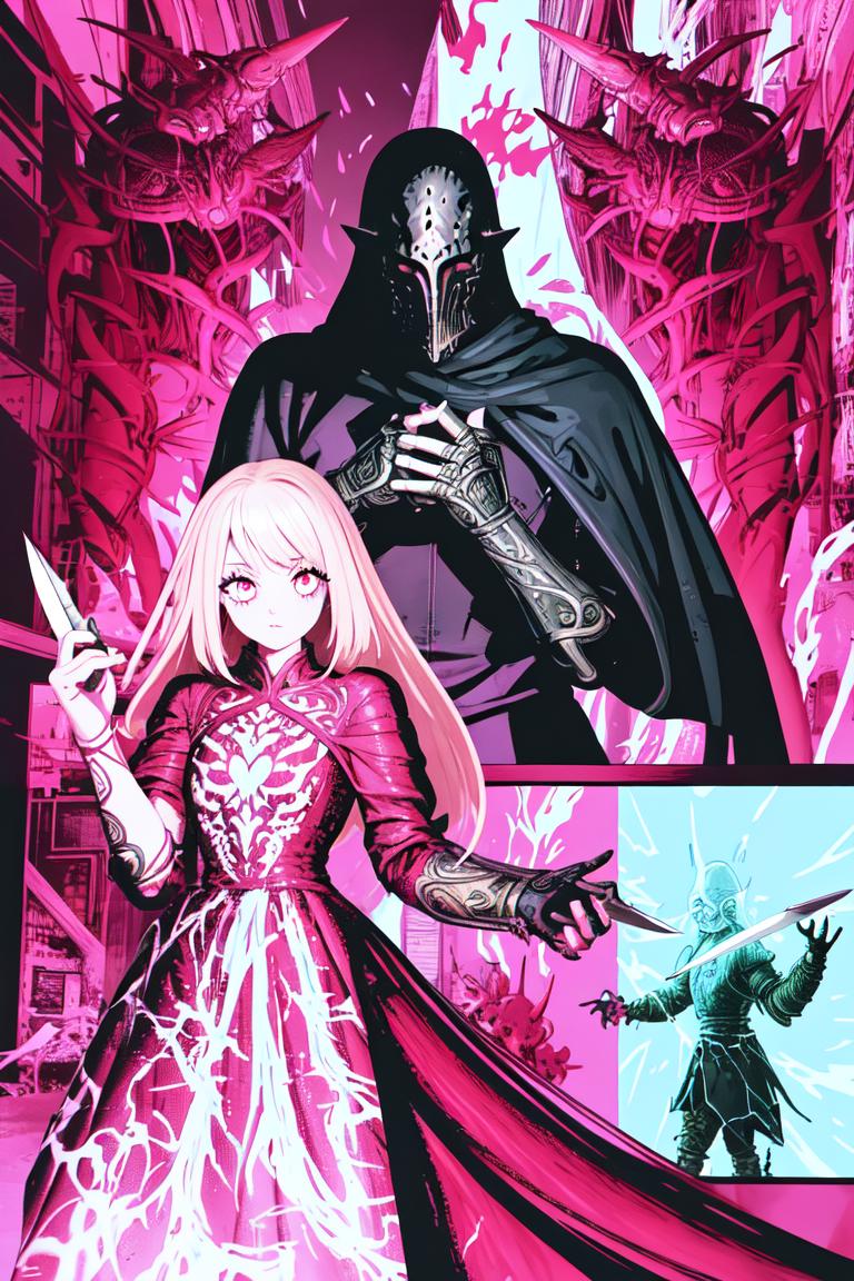 A comic book page with a woman in a pink dress and a man in a black cloak -  SeaArt AI