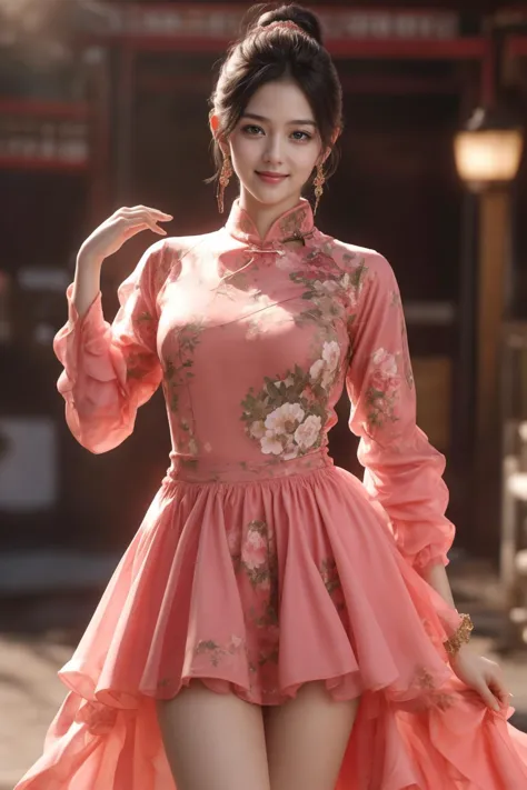 a woman in a pink dress posing for a picture