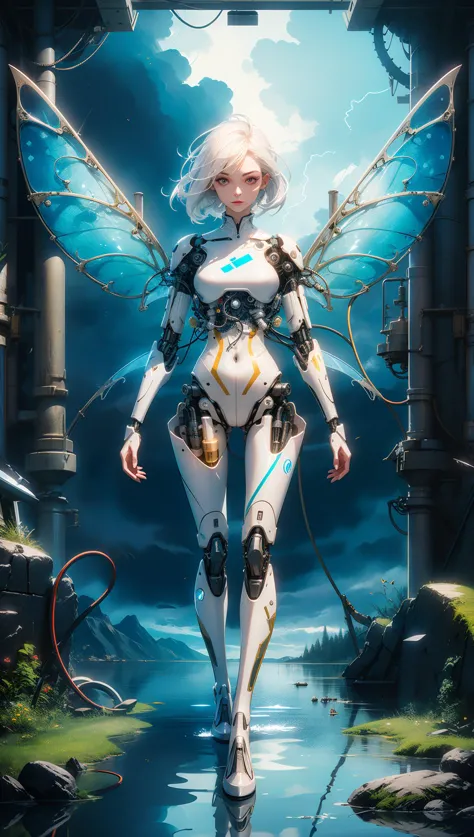 a female android,athletic,white hair,porcelain,tight bodysuit,white plastic,see through,ornate,(joints:1.1),wires,<lora:reelmech...