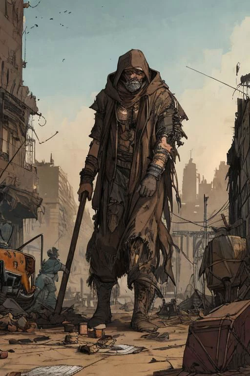 rloiselstyle, 2d, cartoon, comics, drawing illustration, flat ink, thick outline, crosshatch texture, techno-punk, brutalist sttyle, post-apocalyptic city ruins in a desert, an  old exhausted man, sinister expression, dressed in rags, wearing a hooded cape, holding a long wooden cane, (painfully dragging a huge caddie filled with junks on the ground:1.2), in a devastated sandy (deserted) street, blasted by the wind, detailed face, destroyed buildings, wrecked cars, pipes, ducts, cables, broken vents, dust, dirt, rust, detailed character, detailed face, intricately detailed, dramatic lighting