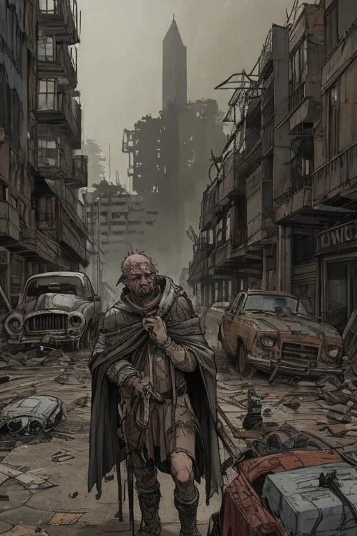 rloiselstyle, 2d, cartoon, comics, drawing illustration, flat ink, thick outline, crosshatch texture, techno-punk, brutalist sttyle, post-apocalyptic city ruins in a desert, an old exhausted man, sinister expression, dressed in rags, wearing a hooded cape, holding a long wooden cane, (painfully dragging a cart filled with junks:1.2), in a devastated sandy street, blasted by the wind, detailed face, destroyed buildings, wrecked cars, pipes, ducts, cables, broken vents, dust, dirt, rust, detailed character, detailed face, intricately detailed, dramatic lighting
