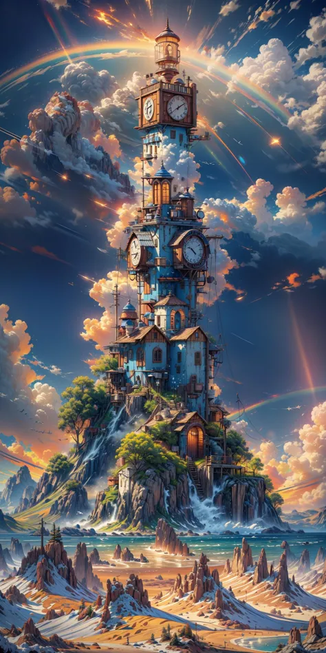 a painting of a tower with a clock on top of it