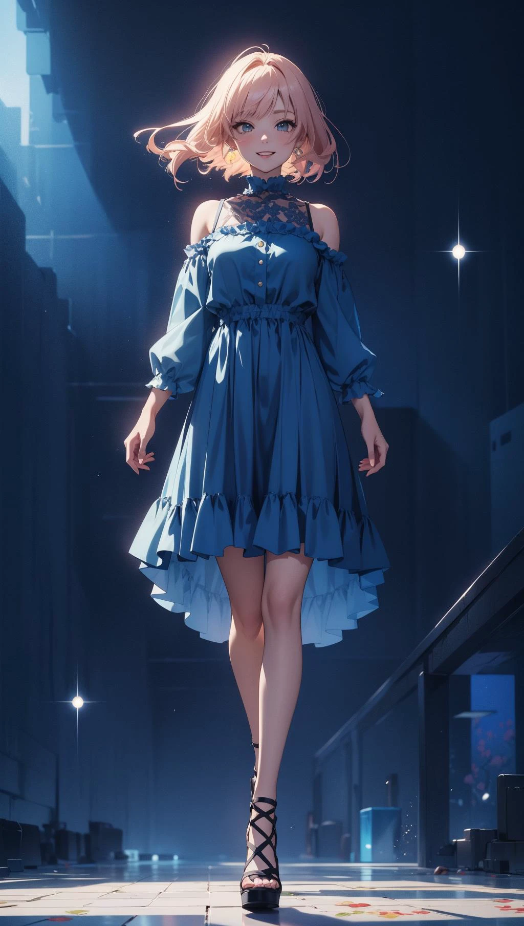 anime opening,(woman),solo,a dreamscape aesthetic in Cobalt blue theme atmosphere,mosaic background,happy,floral,(wallpaper style),movie trailer,cinematic,screencap,still shot,true perception,comfortable,