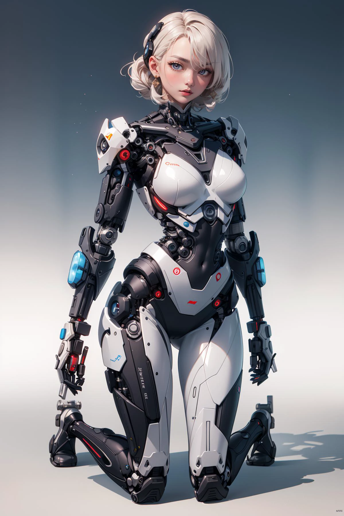 cyborg female,Science fiction style, high-tech, mechanical prosthetics,highly mechanized body,kneeling,(masterpiece, best quality),(intricate details),unity 8k wallpaper,(pastel colors),