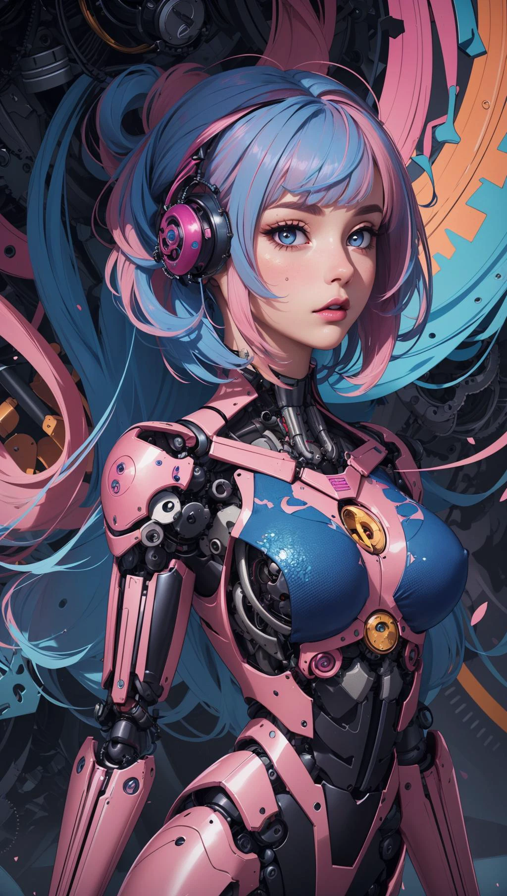 (masterpiece, top quality, best quality, official art, beautiful and aesthetic:1.2),(1girl:1.4),upper body,([pink|blue] hair:1.5),extreme detailed,(fractal art:1.3),(colorful:1.5),highest detailed,(Mechanical modification:1.5),