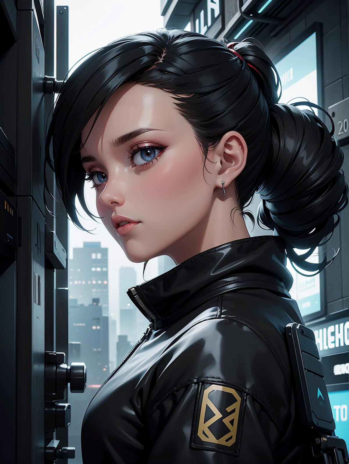 (close-up portrait:1.3) (extreme angle:1.2 ), Semi-realistic cyberpunk anime portrait depicting a young woman standing in a futuristic urban setting, Rain-soaked clothes, (Gritty atmosphere:1.3), Detailed cityscape, (HDR image:1.2), (Enhanced photography:1.3), (Dreamscape:1.2), BREAK, (Futuristic elements:1.3), (Dynamic composition:1.2), (Vivid colors:1.3), (Immersive environment:1.2), BREAK, Created with meticulous detail, High-resolution, Trending on DeviantArt