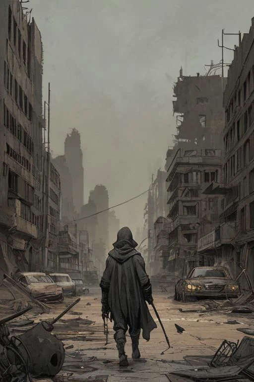 rloiselstyle, 2d, cartoon, comics, drawing illustration, flat ink, thick outline, crosshatch texture, techno-punk, brutalist sttyle, post-apocalyptic city ruins in a desert, an old exhausted man, sinister expression, dressed in rags, wearing a hooded cape, holding a long wooden cane to help him, walking with efforts in a devastated sandy street, blasted by the wind, detailed face, destroyed buildings, wrecked cars, pipes, ducts, cables, broken vents, dust, dirt, rust, intricately detailed, dramatic lighting