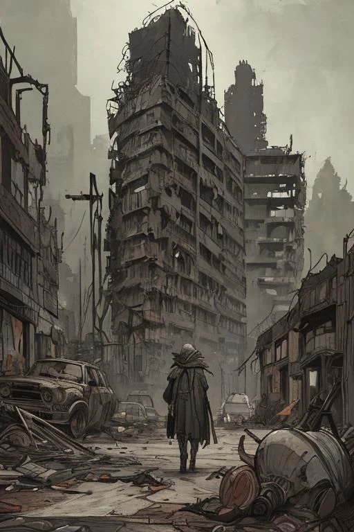 rloiselstyle, 2d, cartoon, comics, drawing illustration, flat ink, thick outline, crosshatch texture, techno-punk, brutalist sttyle, post-apocalyptic city ruins in a desert, an old exhausted man, sinister expression, dressed in rags, wearing a hooded cape, holding a long wooden cane to help him, painfully dragging a cart filled with junks in a devastated sandy street, blasted by the wind, detailed face, destroyed buildings, wrecked cars, pipes, ducts, cables, broken vents, dust, dirt, rust, detailed character, detailed face, intricately detailed, dramatic lighting