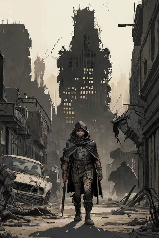 rloiselstyle, 2d, cartoon, comics, drawing illustration, flat ink, thick outline, crosshatch texture, techno-punk, brutalist sttyle, post-apocalyptic city ruins in a desert, an old exhausted man, sinister expression, dressed in rags, wearing a hooded cape, holding a long wooden cane to help him, walking with efforts in a devastated sandy street, blasted by the wind, detailed face, destroyed buildings, wrecked cars, pipes, ducts, cables, broken vents, dust, dirt, rust, intricately detailed, dramatic lighting