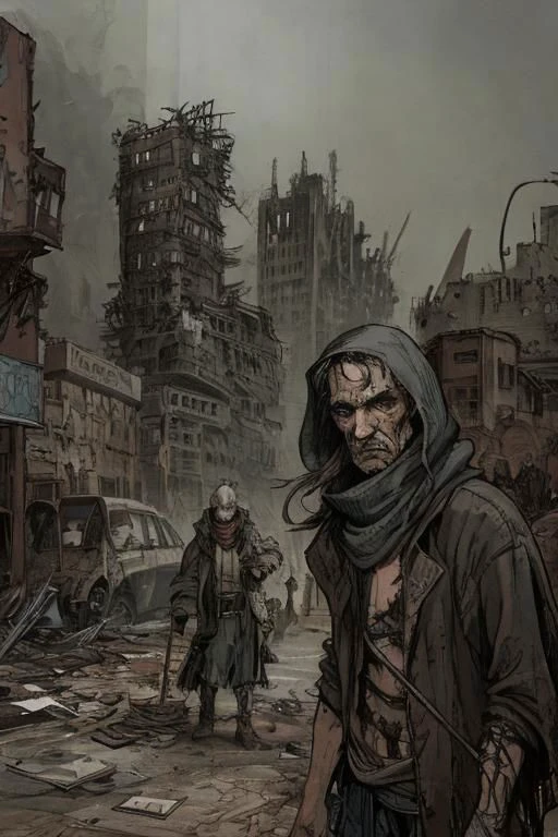 rloiselstyle, 2d, cartoon, comics, drawing illustration, flat ink, thick outline, crosshatch texture, techno-punk, brutalist sttyle, post-apocalyptic city ruins in a desert, an old exhausted man, sinister expression, dressed in rags, wearing a hooded cape, holding a long wooden cane, (painfully dragging a cart filled with junks:1.2), in a devastated sandy street, blasted by the wind, detailed face, destroyed buildings, wrecked cars, pipes, ducts, cables, broken vents, dust, dirt, rust, detailed character, detailed face, intricately detailed, dramatic lighting