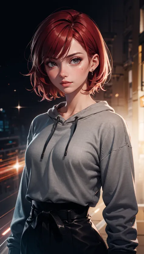 a girl with messy short red hair wearing a gray sweatshirt, medium shot, waist up, sharp focus, medium portrait, nebula, backgro...