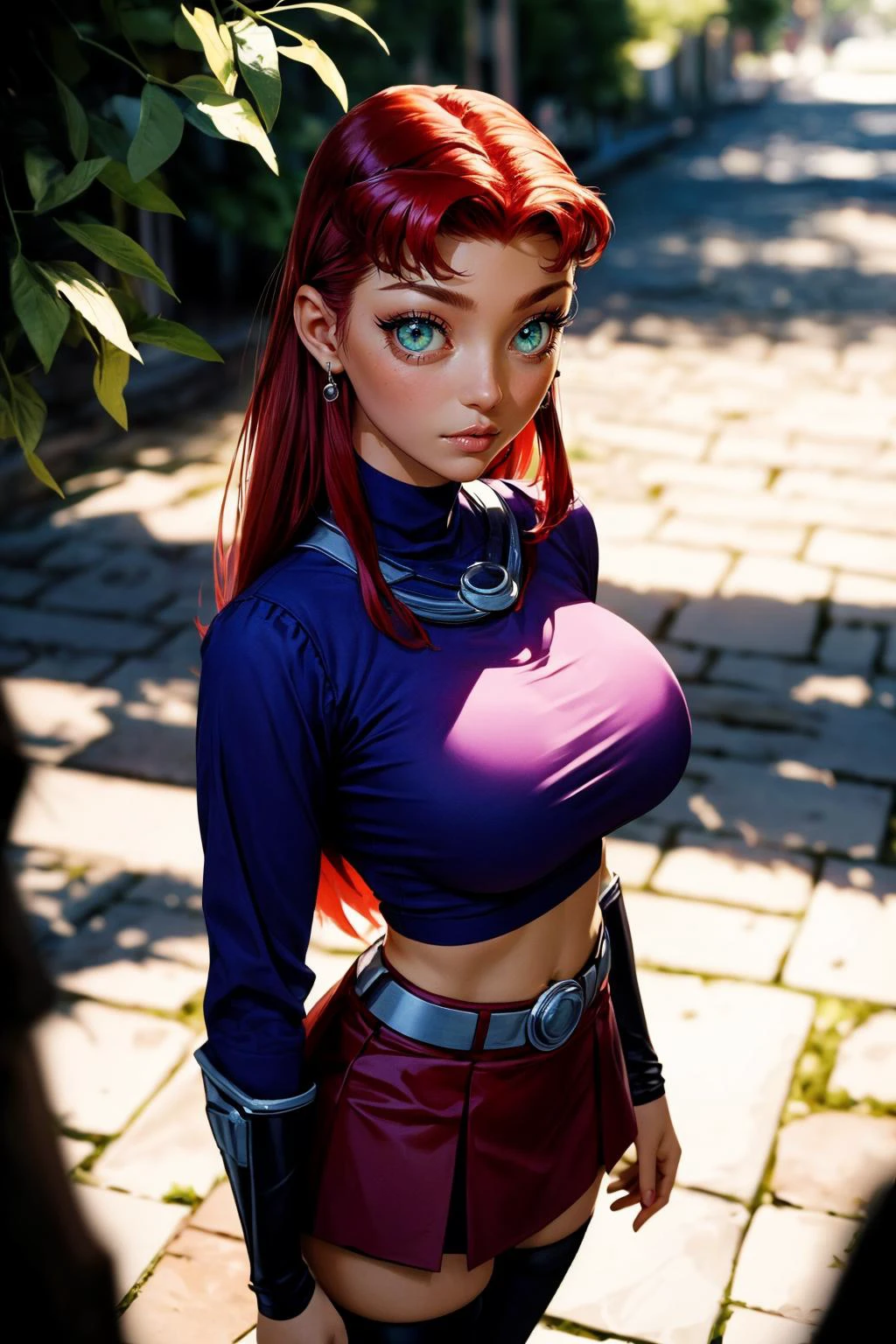(ultra realistic,32k, masterpiece:1.2),(high detailed skin:1.1),( high quality:1.1),
starfire,v-shaped eyebrows,  1girl, solo, green eyes, long hair, red hair, orange skin, dark skin, dark-skinned female,turtleneck top,ruffle skirt,long sleeves, thigh highs, mediterranean town park,sunshine, trees,blurry background,, (huge breast,large breast:1.2),(looking at viewer, standing, from above:1.1),, (moody lighting:1.1),
