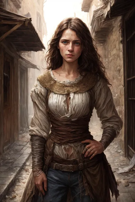 (medieval fantasy art), younger woman, close up portrait, proud and determined stance, poor, torn rags, peasant, messy hair, dir...