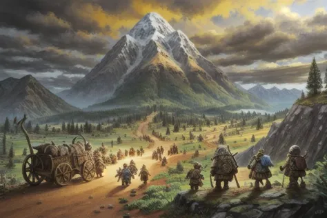 realistic, a very small group of dwarves on a lonely winding dirt road, a mountain in the distance