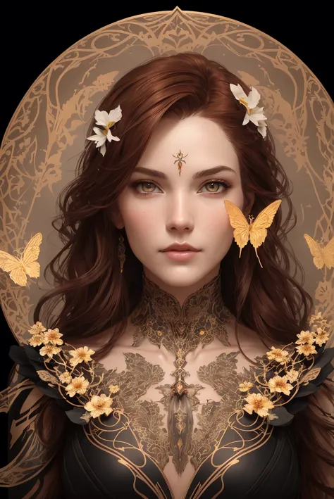 8k (full portrait) of beautiful cyborg with brown hair, intricate, elegant, highly detailed, majestic, digital photography, (art by artgerm and ruan jia and greg rutkowski, flowers of hope by Jean-Honor Fragonard, Peter mohrbacher), surreal painting gold butterfly filigree, broken glass, hyper detailed, insane details, stunning, intricate, elite, art nouveau, ornate, liquid wax, elegant, luxury, Greg Rutkowski, ink style, sticker, vector-art beautiful character design, double exposure shot, luminous design, flowers:0.2, seductive, perfect body, (masterpiece, award winning, sidelighting, finely detailed beautiful eyes: 1.2), hdr, (off angle), (analog style), (photorealistic:1.35), (skeleton like:0.4), simple mottled grey background, long auburn red hair,