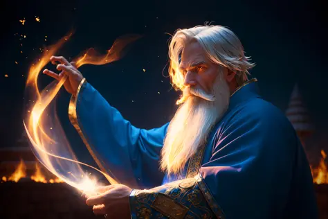 1 man, wizard, blue royal robe, old, white long beard,  wind, glowing magic aura, fire, smoke, dust, temple, dynamic pose, dynam...