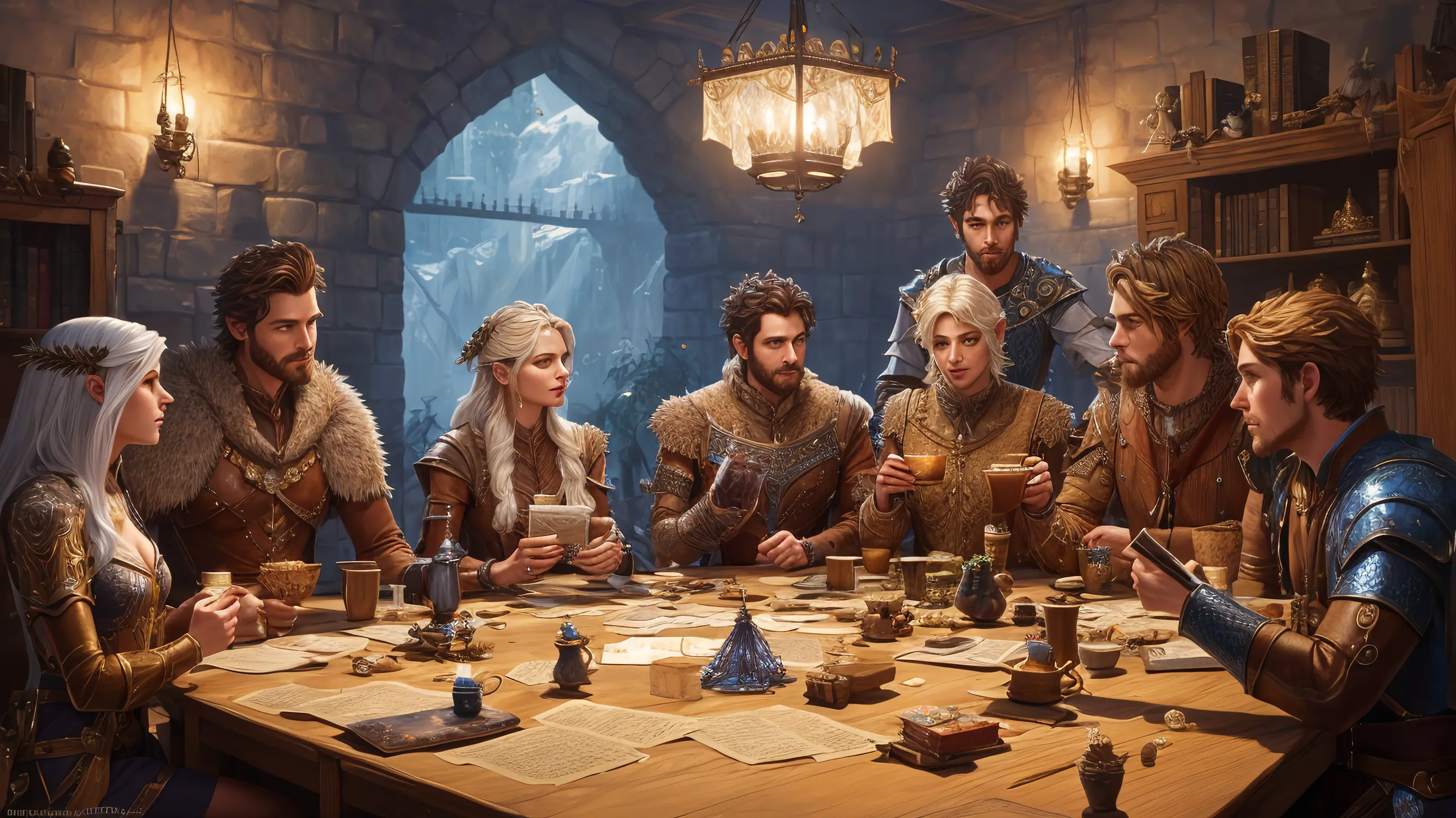 (concept art), (fantasy oil painting), subdued image that emphasizes the roleplaying aspect of the book, featuring a group of friends (male & female) (dressed in various styles of outfits) gathered around a table, engrossed in a TTRPG game. The scene could be rendered in a dreamlike, almost surreal style, with the players' imaginations coming to life in the form of fantastical creatures and landscapes. The cover could feature the players' characters in various poses, as well as the game master and any important NPCs. (on the table: dice, miniature castle, books, cups), good composition, good design, good architecture, good proportions, good anatomy, volumetric lighting, intricate, detailed, award winning, masterpiece,