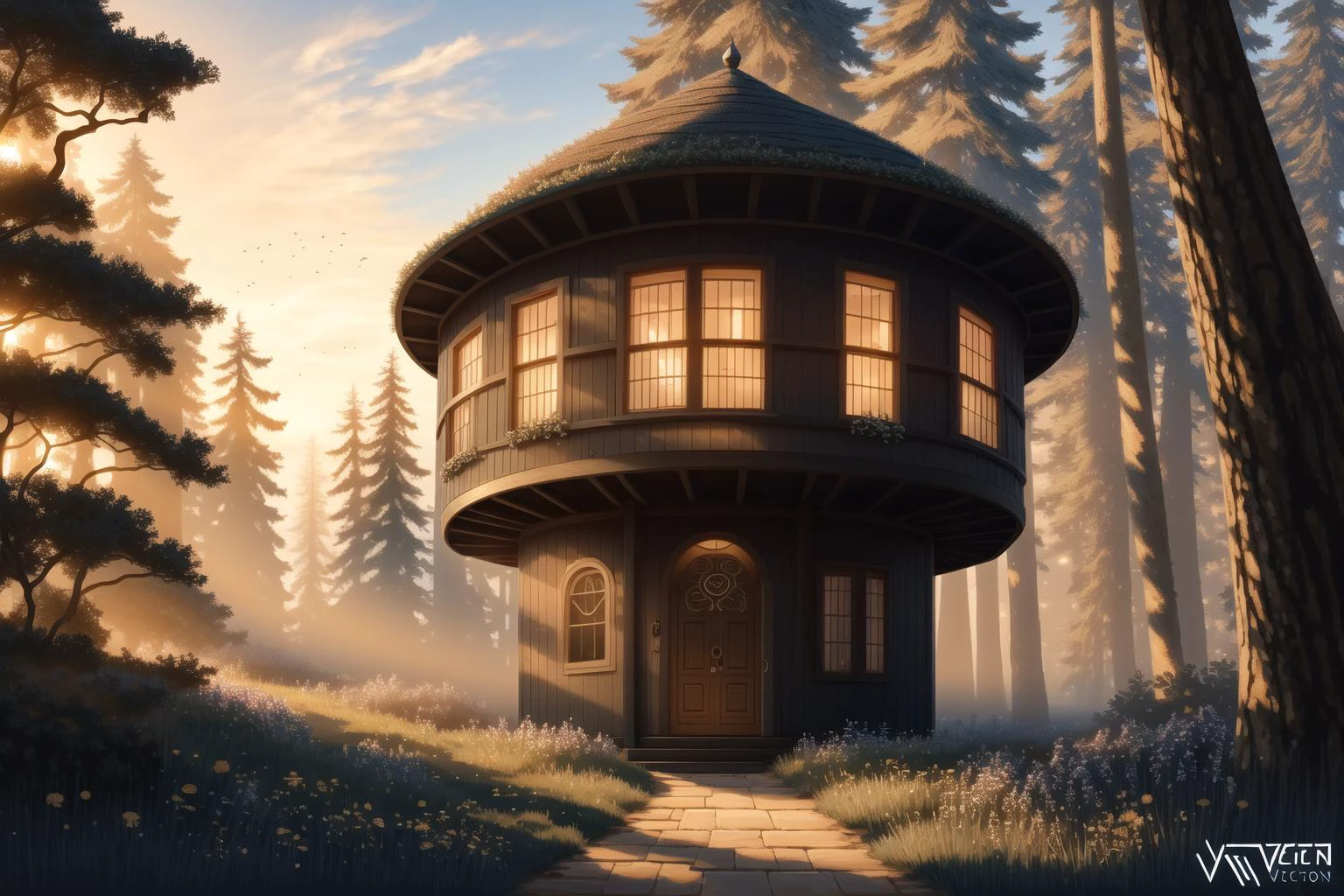 (Vector image:1.3) of (Award-winning photograph), (one hobbithouse in the middle of the forest), (Low-angle perspective), (natural lighting), (Wide-angle lens capturing scenery), hidden objects games, video game concept art, (8K Unity wallpaper), fine details, award-winning image, highly detailed, 16k, cinematic perspective, ((video game environment concept art style)), pretty colors, cinematic environment,(Flat style:1.3), Illustration, Behance