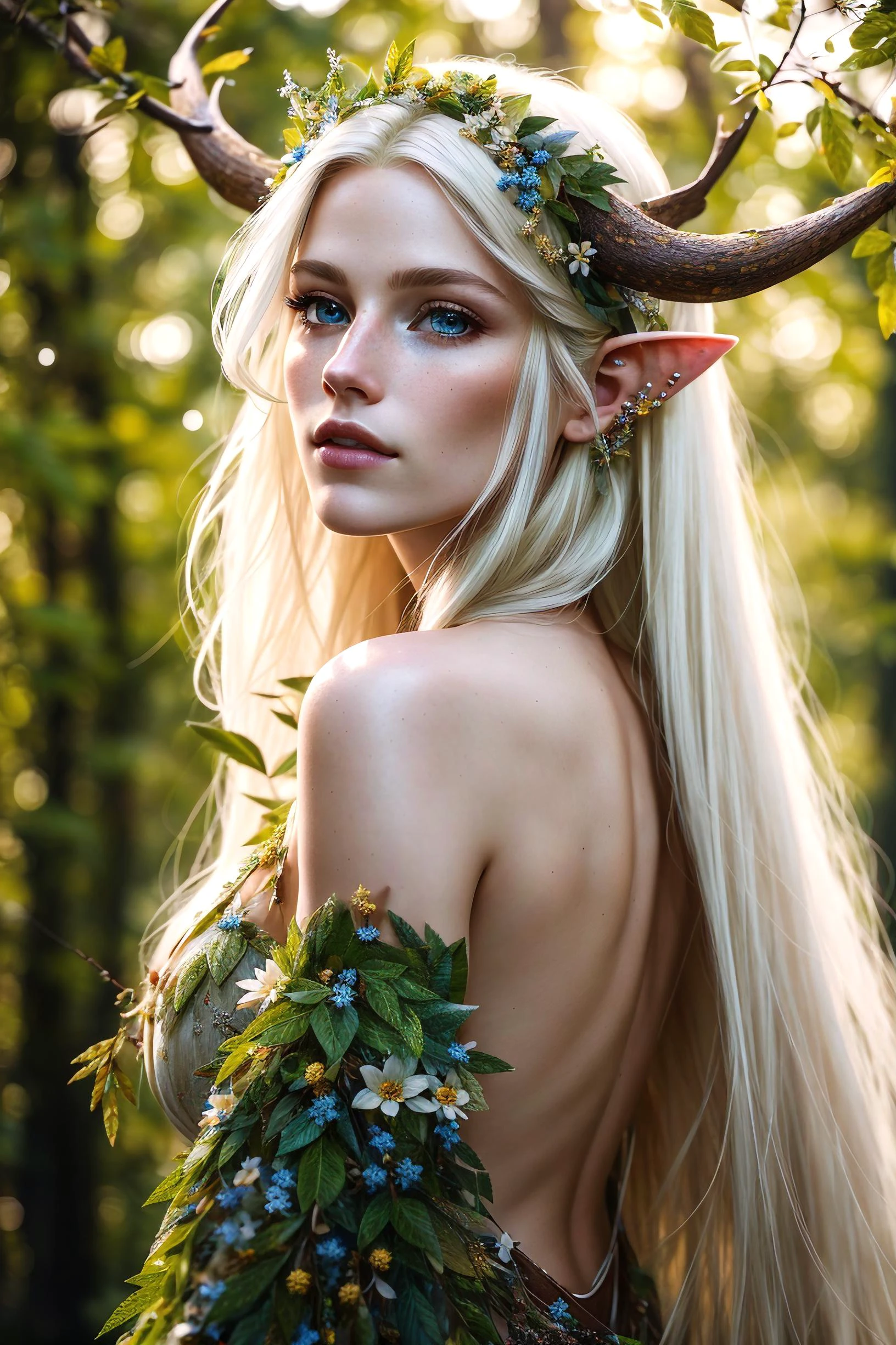 (realistic:1.35), (concept art), (cowboy shot), (majestic goddess of the forest), (gorgeous face, attractive, stunning), (long flowing pale blonde hair), humanoid body made entirely of flowers and foliage, (beautiful skin is green and made of intricately detailed leaves and vines), (antlers on head), (pointed ears), (shiny bright blue eyes), lush (enchanted forest) background, butterflies:0.35, leaves, bloom light effect, flowers:0.4, god rays, lights and dust motes, realistic skin texture, (back lighting), intricate, detailed, highest quality, hasselblad, Nikon D850, natural volumetric lighting, (good anatomy), good composition, (good proportions), subsurface scattering, award winning, masterwork, masterpiece,