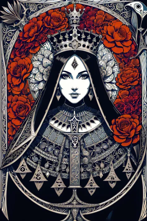 absurdres, highres, ultra detailed, (ultra-detailed background, detailed background), extremely detailed,
1girl, bunch of flowers, (zentangle:1.1), (geometric:1.1), beautiful flowing hair, good anatomy, dramatic, award winning, masterwork, masterpiece, (queen of spades), (regal queen outfit), (full torso), (crown), (spade symbol:1.25),