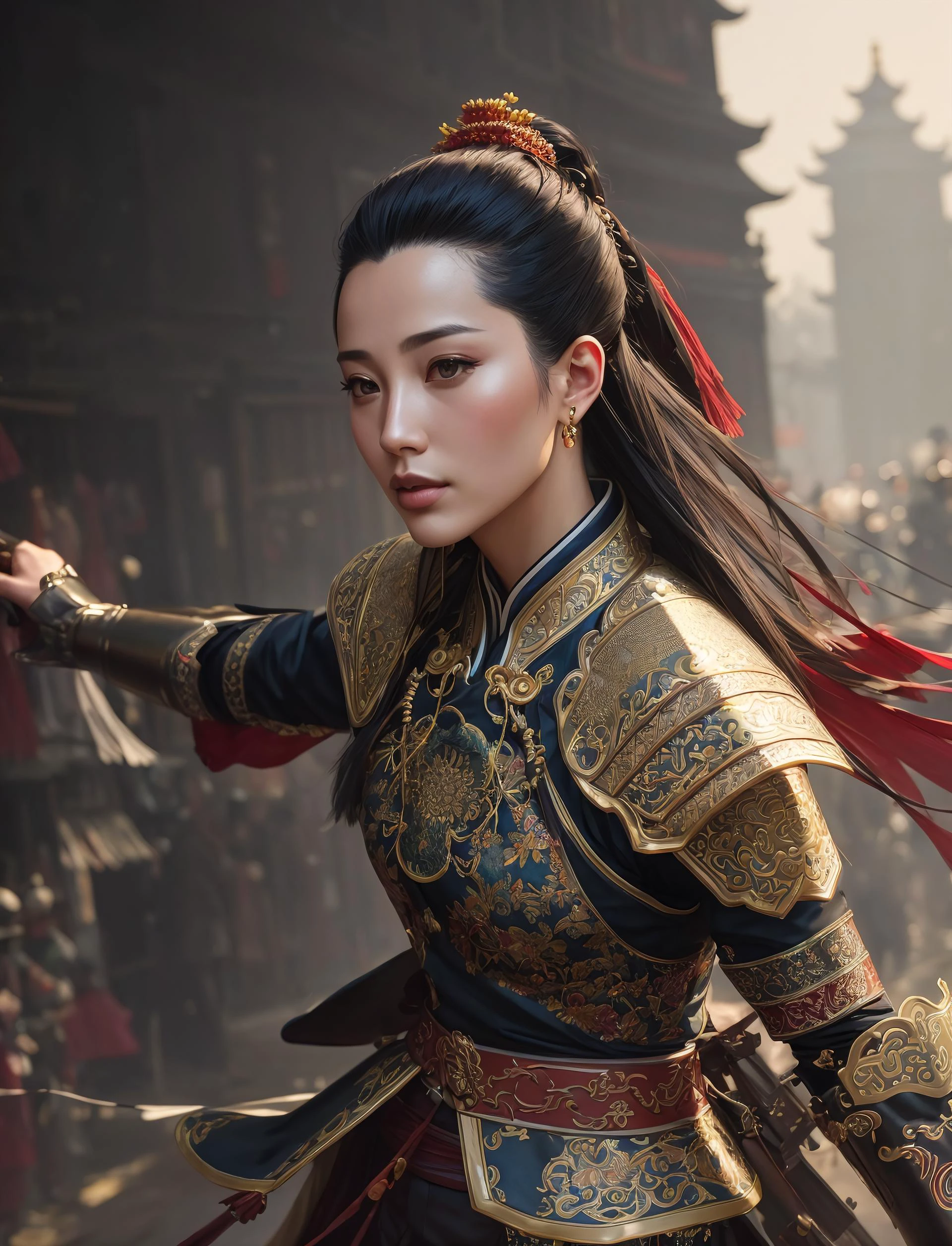 modelshoot style, (extremely detailed CG unity 8k wallpaper), full shot body photo of the most beautiful artwork in the world, , Atey Ghailan, Studio Ghibli, by Jeremy Mann, Greg Manchess,  trending on ArtStation, trending on CGSociety, Intricate, High Detail, Sharp focus, dramatic, zskuijia, (detailed Chinese armor), wing chun pose,
