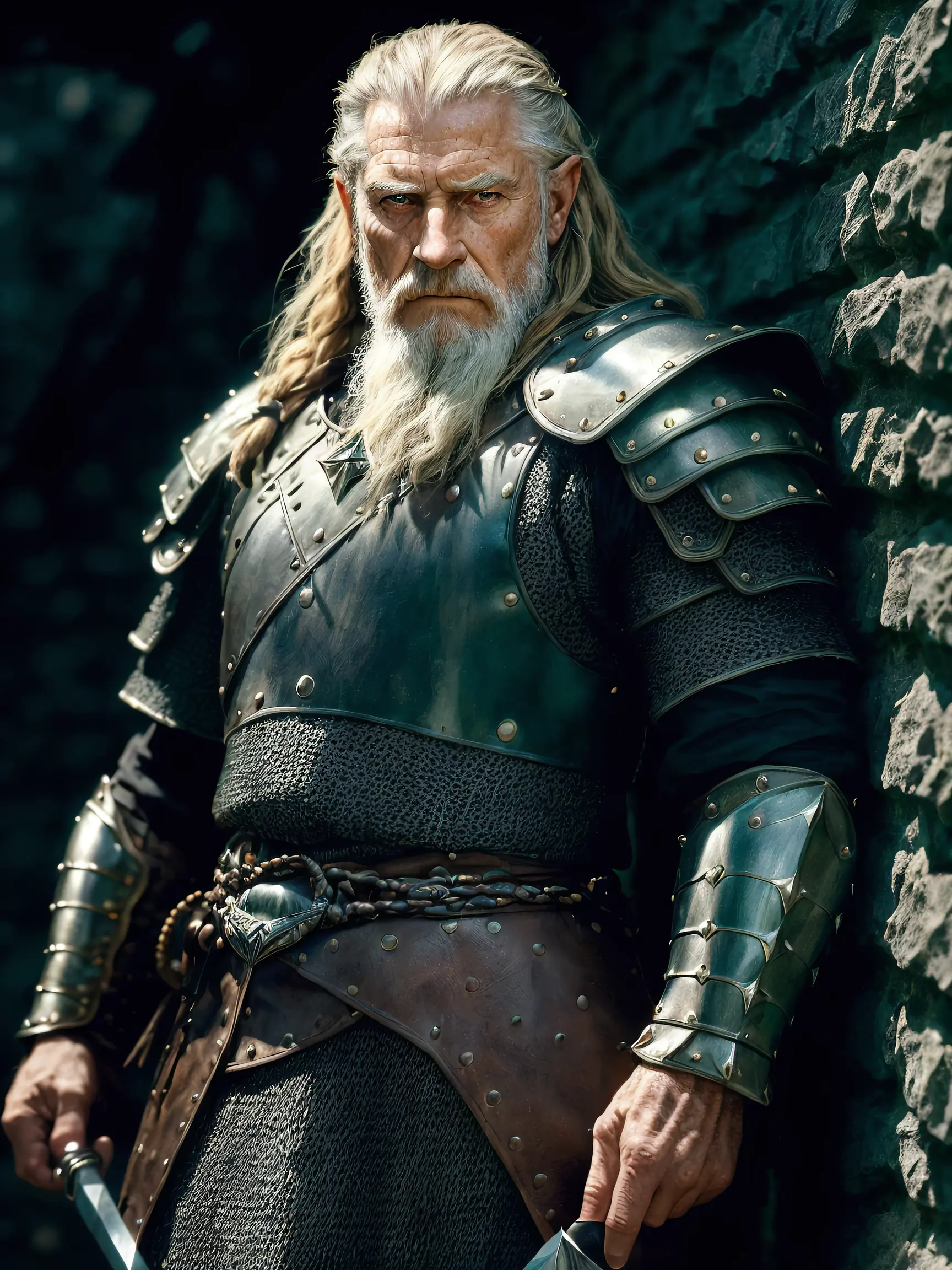 (Highest quality:1.3), cinematic shot, masterpiece, (sharp focus:1.5), (photorealistic:1.3),  medium portrait of (a weary-looking but still proud and fierce-looking old Viking warrior, now the leader of his village, dressed in elaborately detailed chain mail and leather armour, a few torches burn on the walls, giving the scene a dark atmosphere but sculpting the forms in sharp chiaroscuro), it is night time, (highly detailed skin),  (detailed face), detailed background, dark lighting, twilight lighting, volumetric lighting,  intricate details, UHD,  