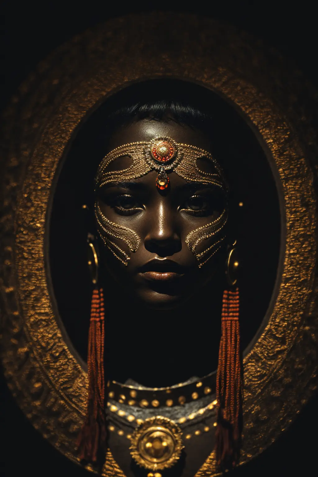1 young and beautiful woman warrior of  aztec empire, dark chamber, dim light
(35mmstyle:1.1), front, masterpiece, 1970s film, , cinematic lighting, photorealistic, high frequency details, 35mm film, (film grain), film noise,
 