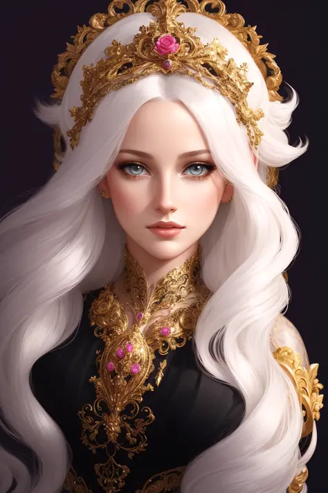 (analog style),(photorealistic:1.3), (skeleton like:0.4), ((female ornate princess)), (with white long flowing hair), (bright be...