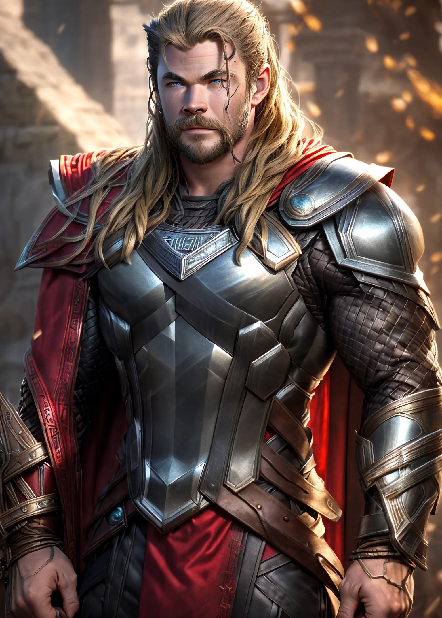 (photorealistic), (dramatic), (fantasy render), concept art, (full torso), (3/4 view:1.17), (Thor steampunk style), (((Thor Odinson|Chris Hemsworth))), brass:1.3, metals, gears, intricate, weathered, (red cape:1.33), realistic, volumetric lighting, simple background, masterpiece, centered