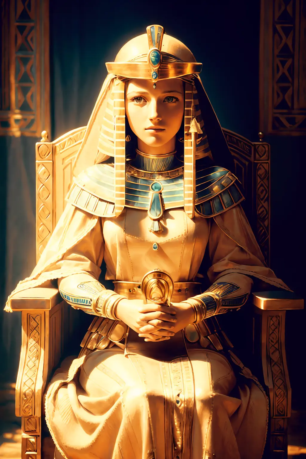 AshleyCipher OldEgyptAI 1 femme, Reine d&#39;Egypte, assis sur le trône,
(style 35 mm:1.1), Devant, chef-d&#39;œuvre, film des années 1970, , éclairage cinématographique, photoréaliste, détails haute fréquence, film 35 mm, (grain de film), Bruit de cinéma, 